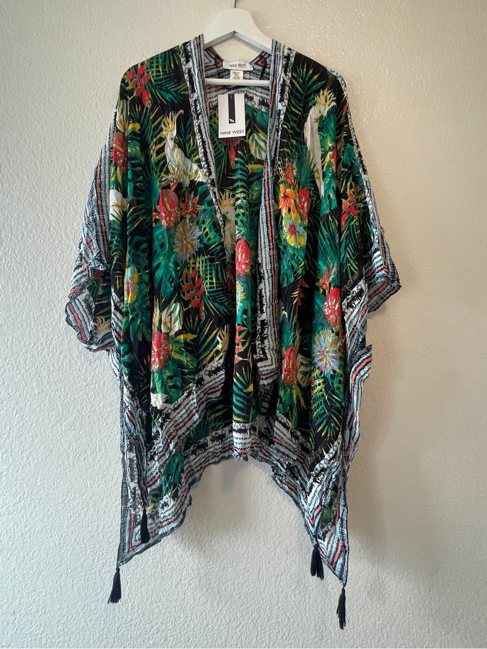 Nine West Black Floral Tropical Draped Kimono